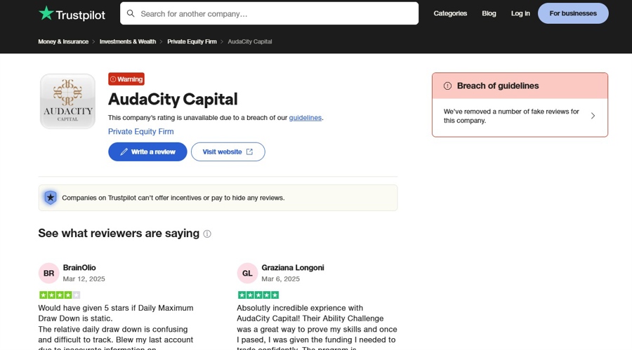 Trustpilot又来了：删除了12年历史的Prop交易公司AudaCity Capital的‘虚假’评论